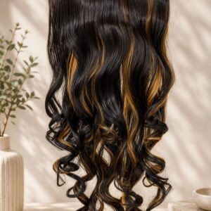 Curl Hair Extensions – Black with Caramel Highlights