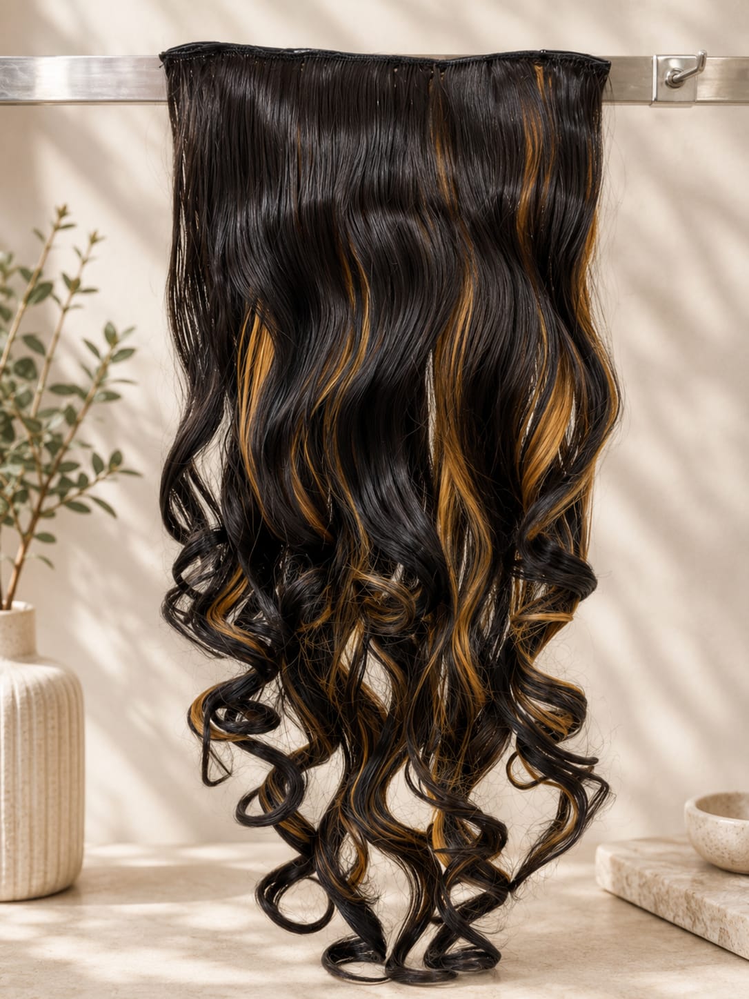 Curl Hair Extensions – Black with Caramel Highlights